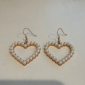 Pearl Heart Hoop Drop Earrings - Gold Tone